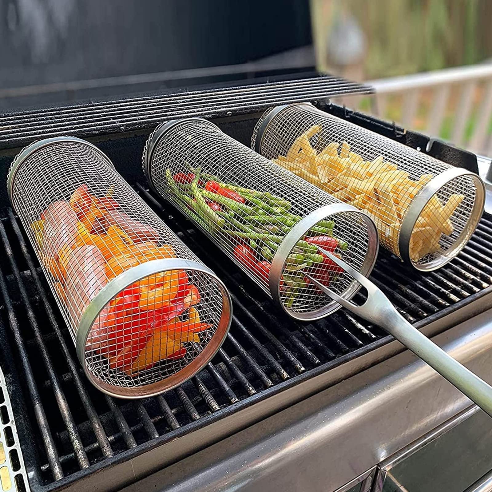Portable Rolling BBQ Grilling Basket for Outdoor Cooking